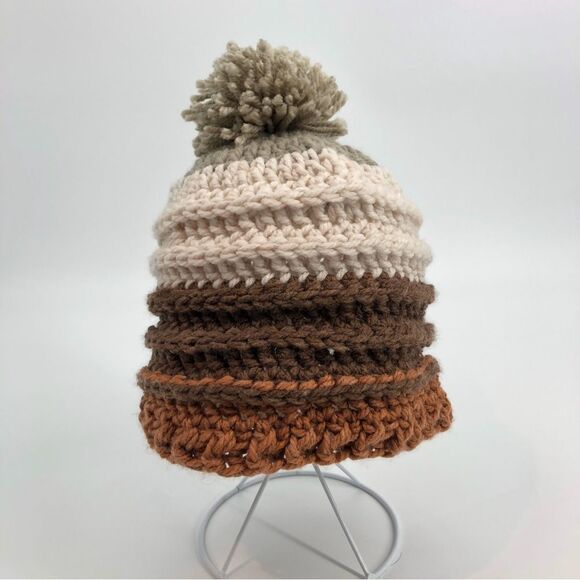Hand Knit Pom Pom Beanie Winter Hat Brown - Picture 1 of 4